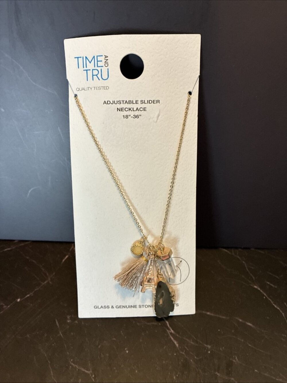 Time And Tru Gold Tone Charm Necklace Adjustable Tassel Eiffel Tower Pendant